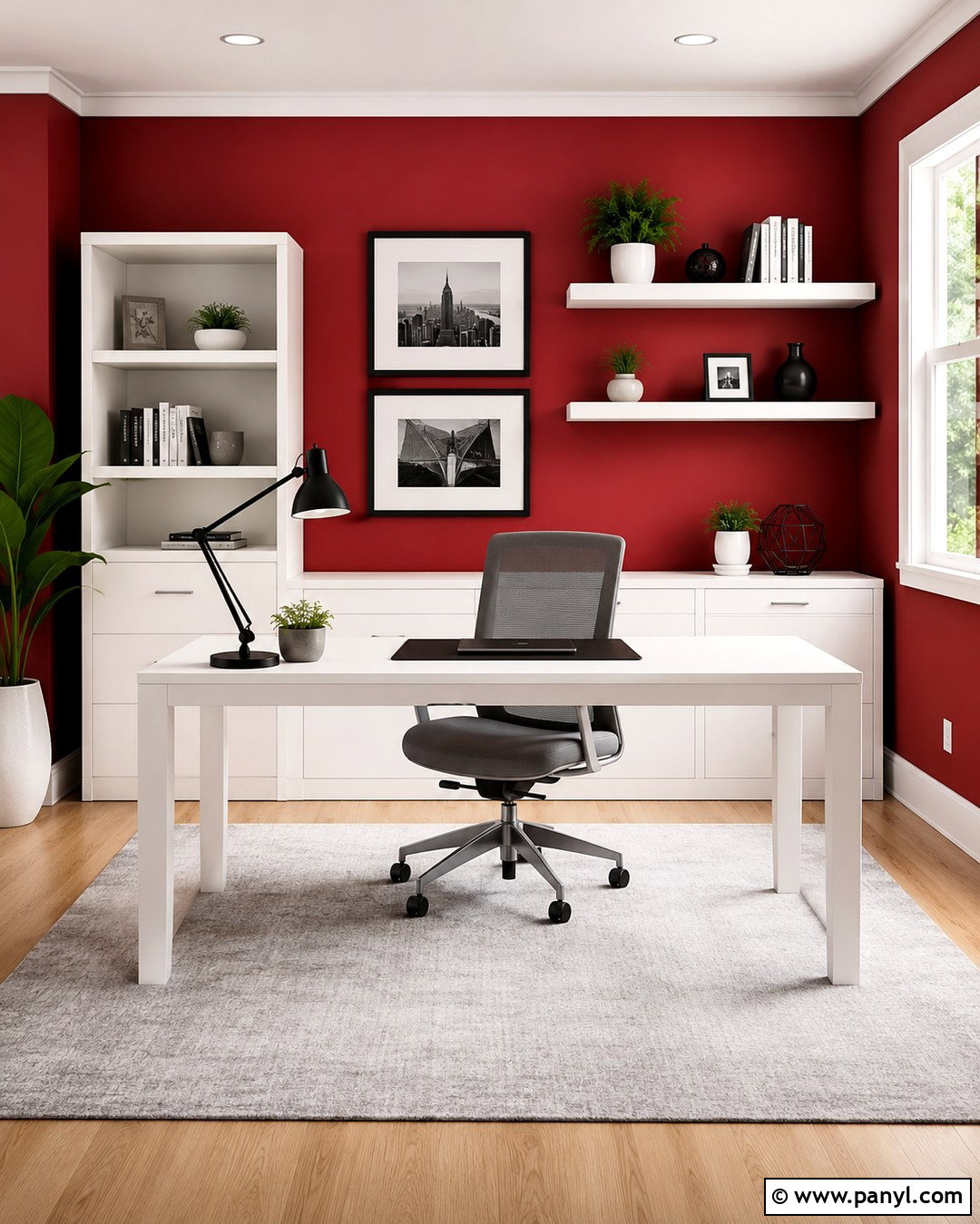 Red Accent Wall With White Desk - 20 Red Accent Wall Office Ideas