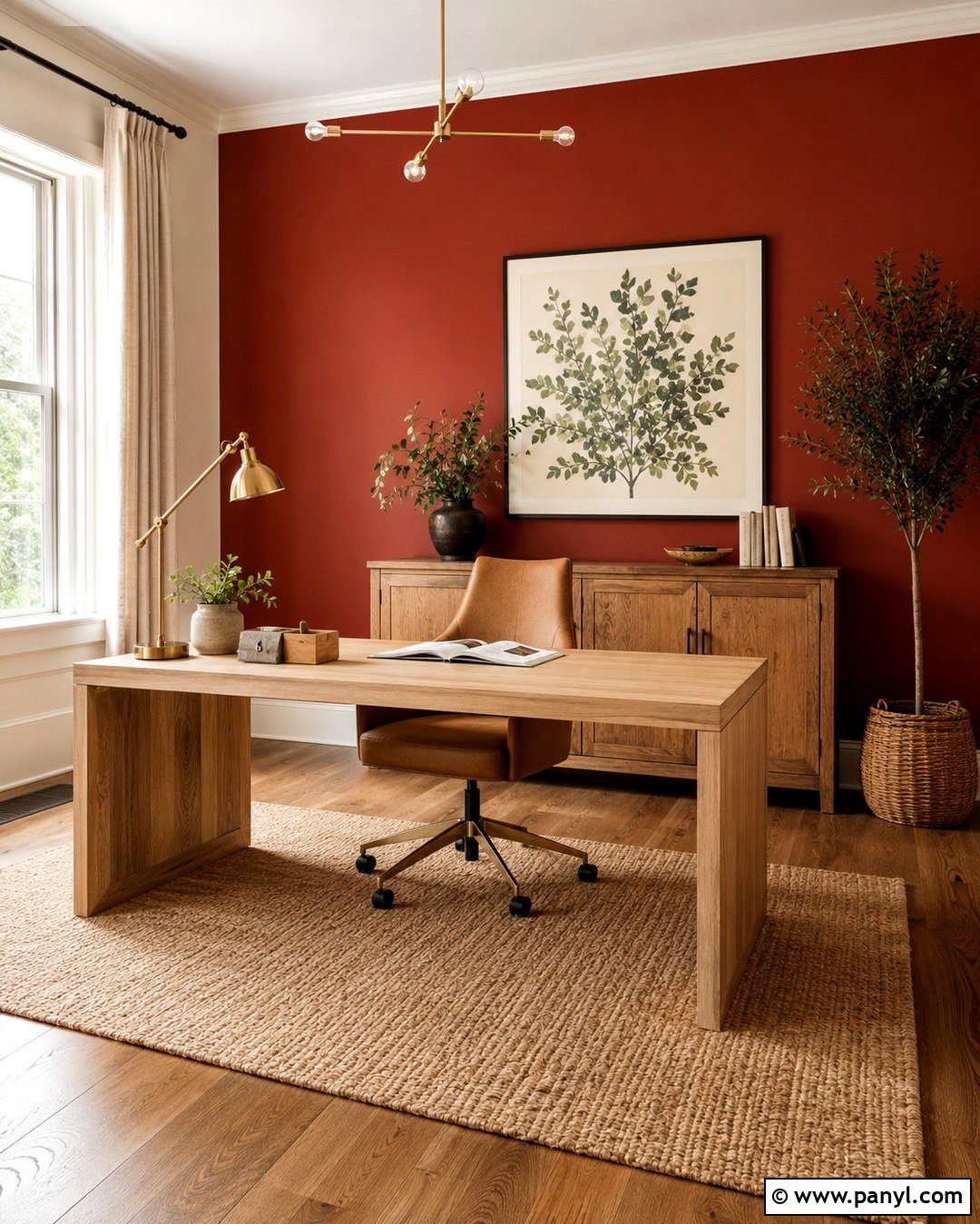 Red Accent Wall With Wood Desk - 20 Red Accent Wall Office Ideas