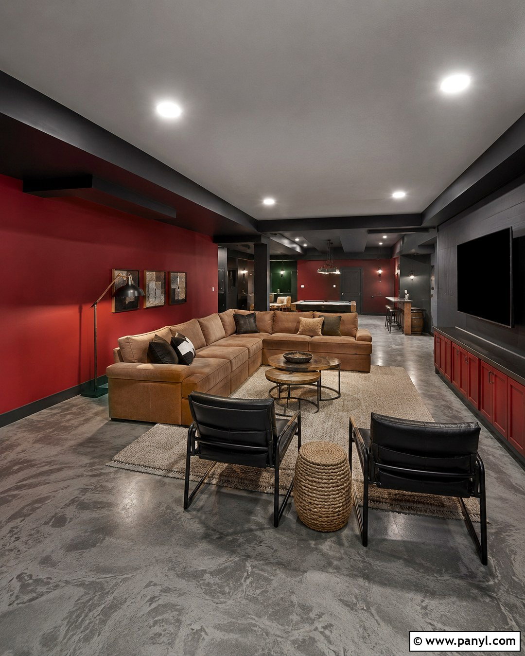 Red And Black Basement Lounge With Concrete Floors - 20 Red And Black Painted Walls Room Colors