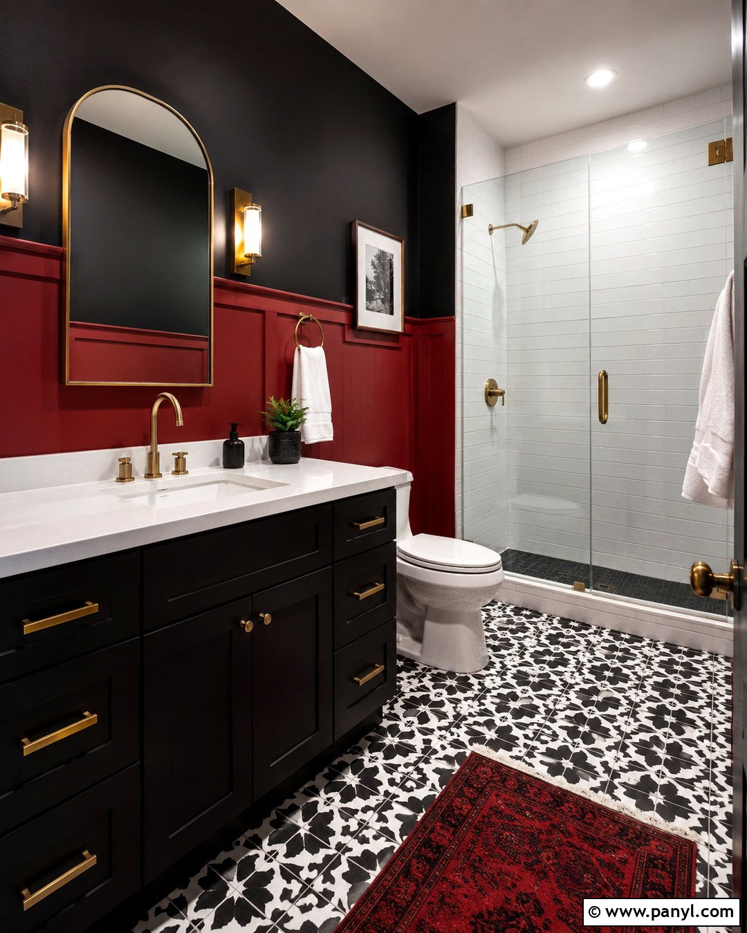 Red And Black Bathroom With Brass Accents - 20 Red And Black Painted Walls Room Colors