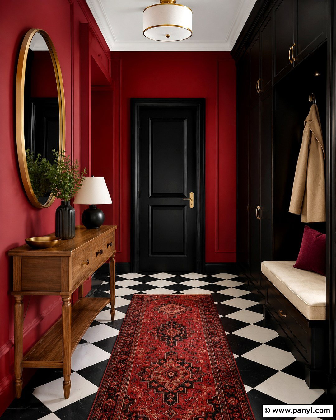 Red And Black Entryway With Checkerboard Flooring - 20 Red And Black Painted Walls Room Colors