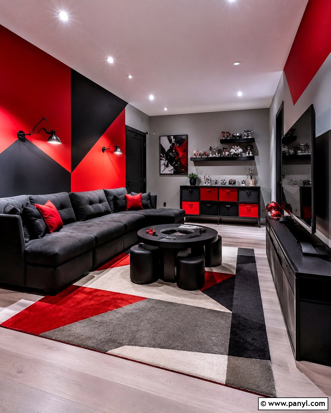 Red And Black Game Room With Geometric Walls - 20 Red And Black Painted Walls Room Colors