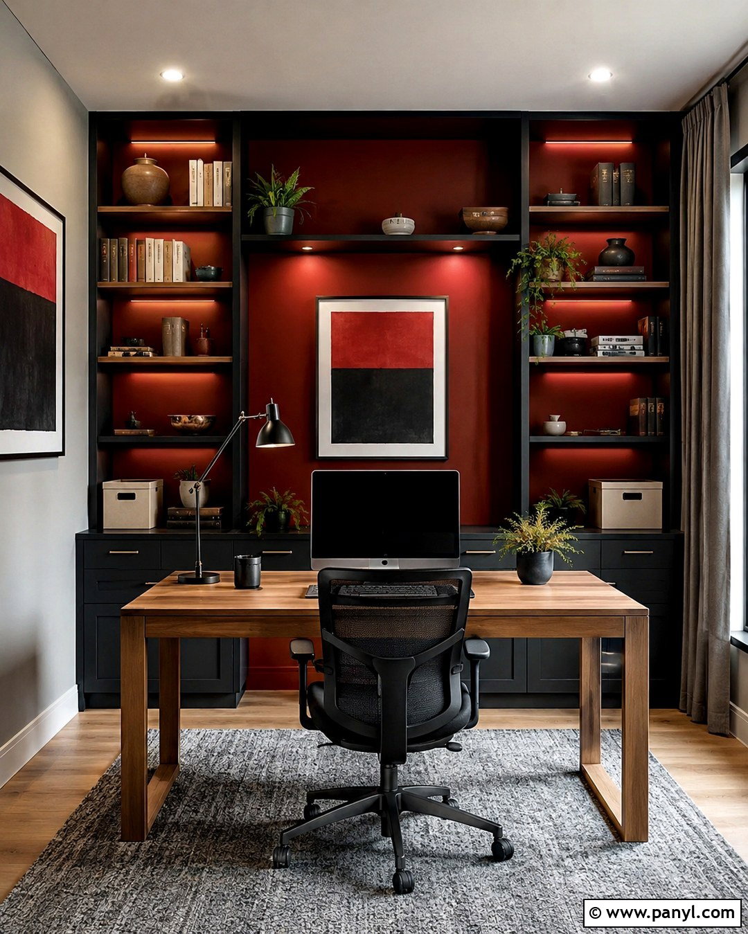 Red And Black Home Office With Built-In Shelves - 20 Red And Black Painted Walls Room Colors