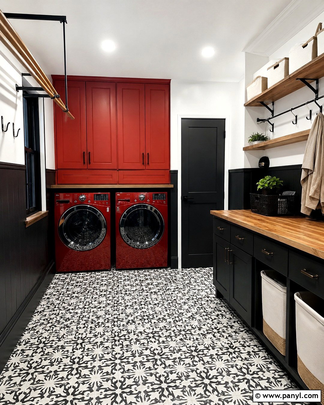 Red And Black Laundry Room With Patterned Tile - 20 Red And Black Painted Walls Room Colors