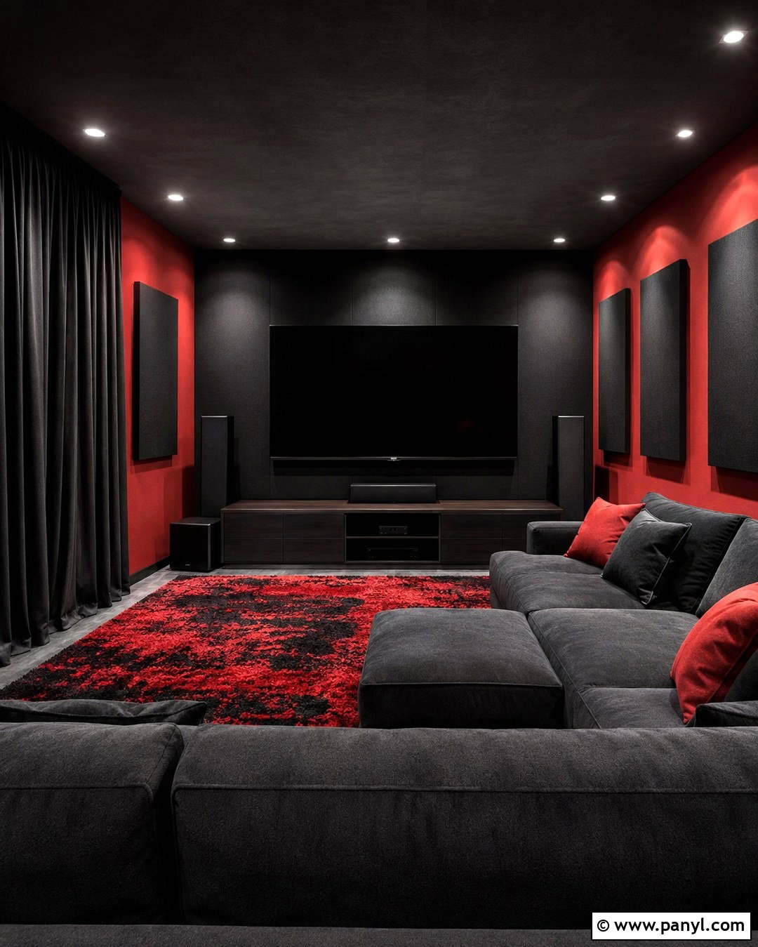 Red And Black Media Room With Charcoal Seating - 20 Red And Black Painted Walls Room Colors