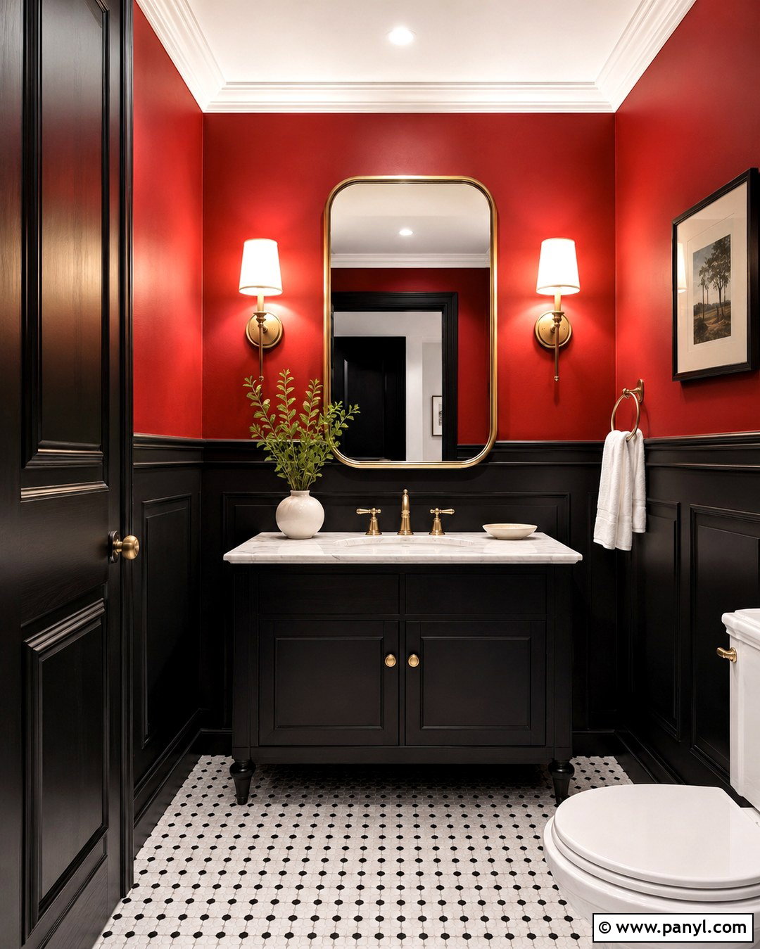 Red And Black Powder Room With Wainscoting - 20 Red And Black Painted Walls Room Colors