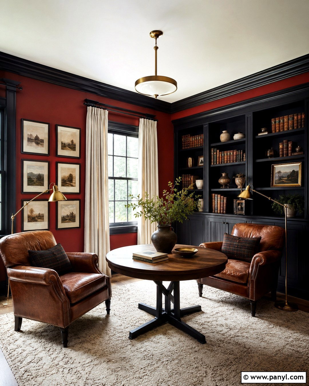 Red And Black Reading Room With Leather Chairs - 20 Red And Black Painted Walls Room Colors