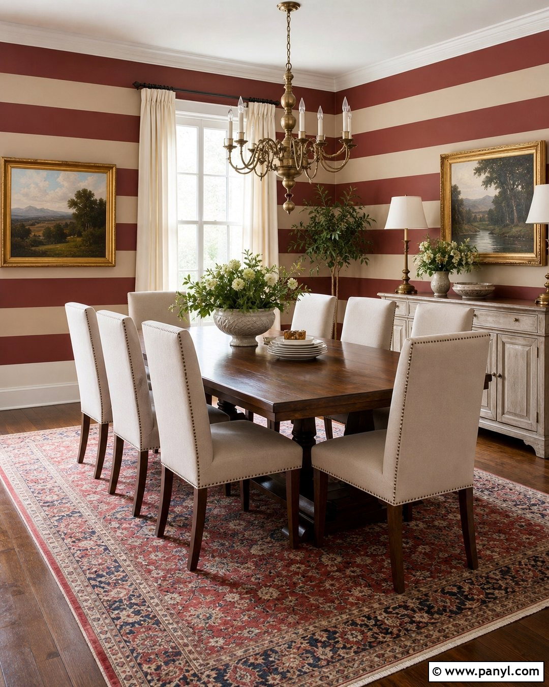 Red And Cream Dining Room Wall Stripes - 30 Horizontal Stripes On Wall Ideas