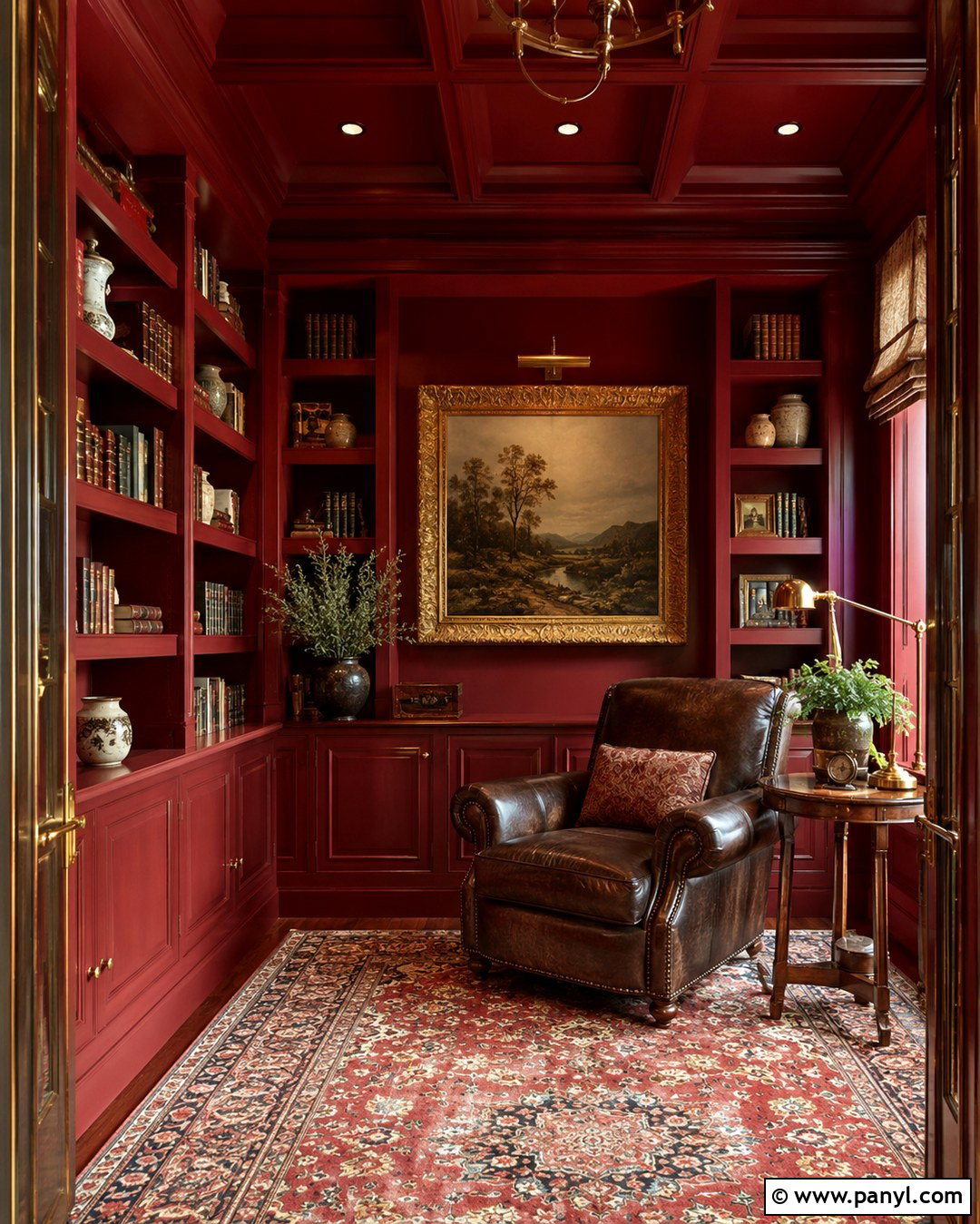 Red And Gold Color-Drenched Library Wall - 20 Red And Gold Wall Ideas