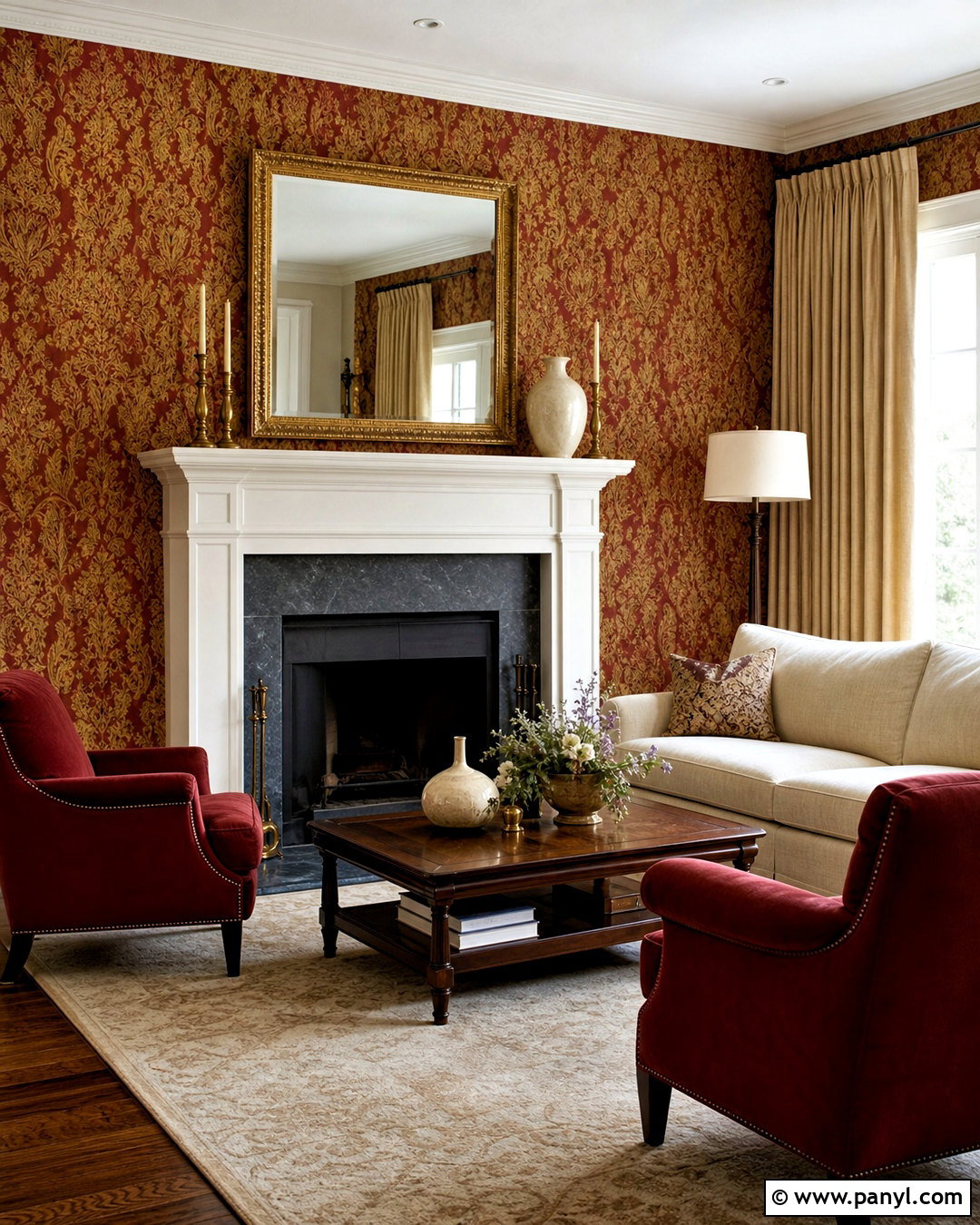 Red And Gold Damask Print Fireplace Wall - 20 red and gold damask print ideas