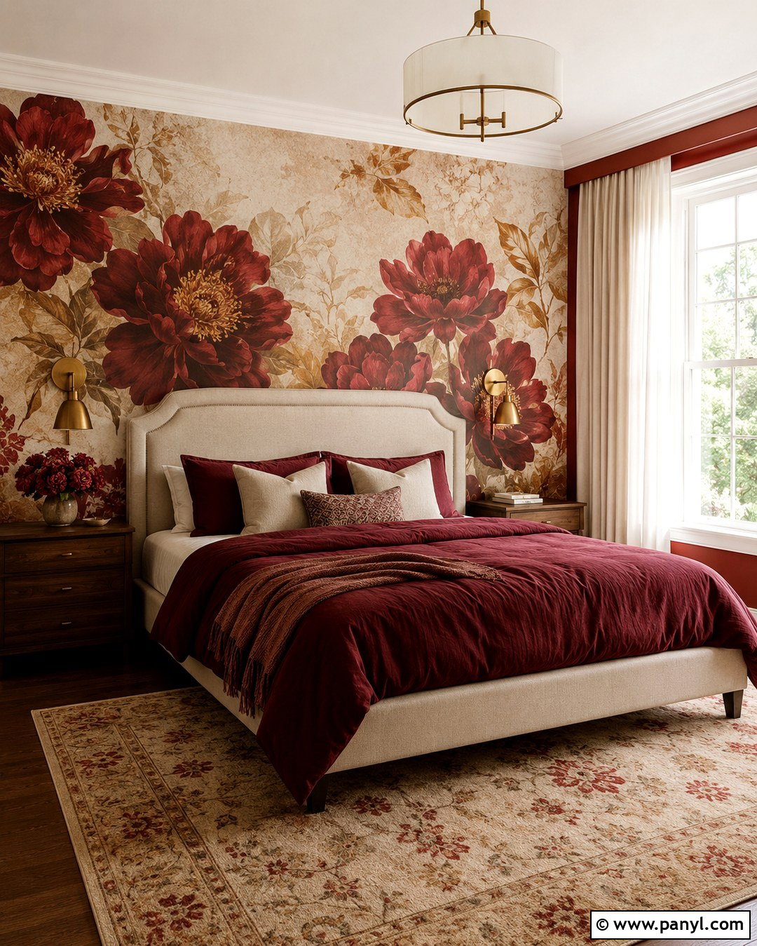 Red And Gold Floral Mural Wall - 20 Red And Gold Wall Ideas