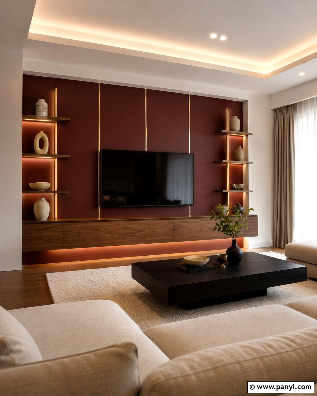Red And Gold TV Wall - 20 Red And Gold Wall Ideas