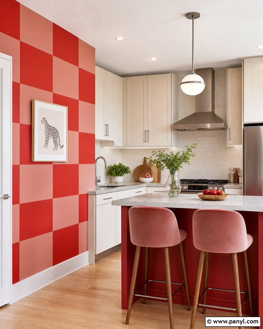 Red And Pink Checkerboard Kitchen Wall - 20 Color Block Kitchen Wall Ideas