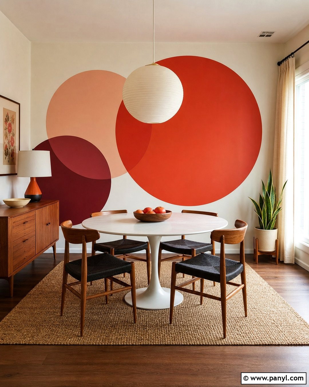 Red And Pink Circle Dining Room Wall - 30 retro wall paint ideas