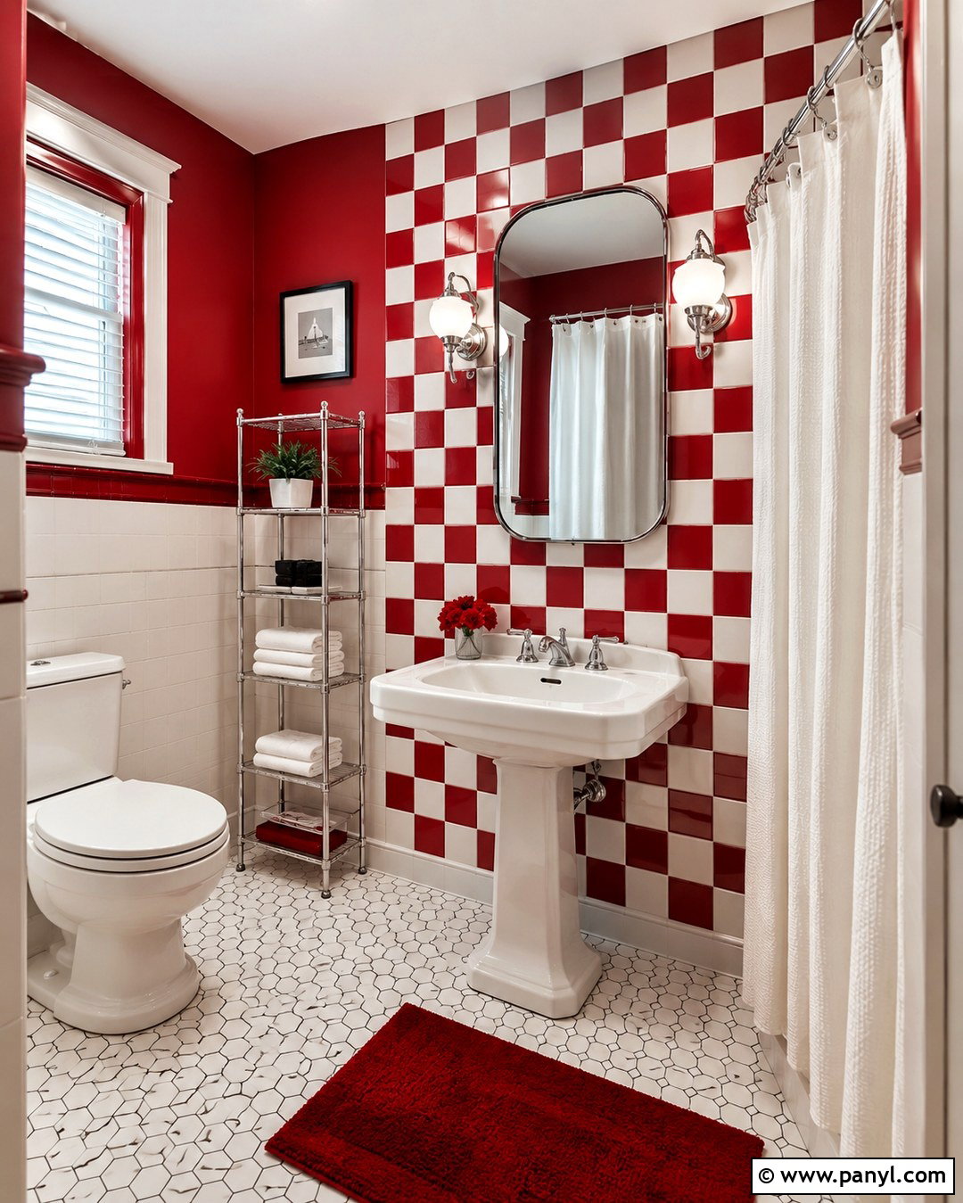 Red And White Checkerboard Bathroom Wall - 20 Red Accent Wall Bathroom Ideas
