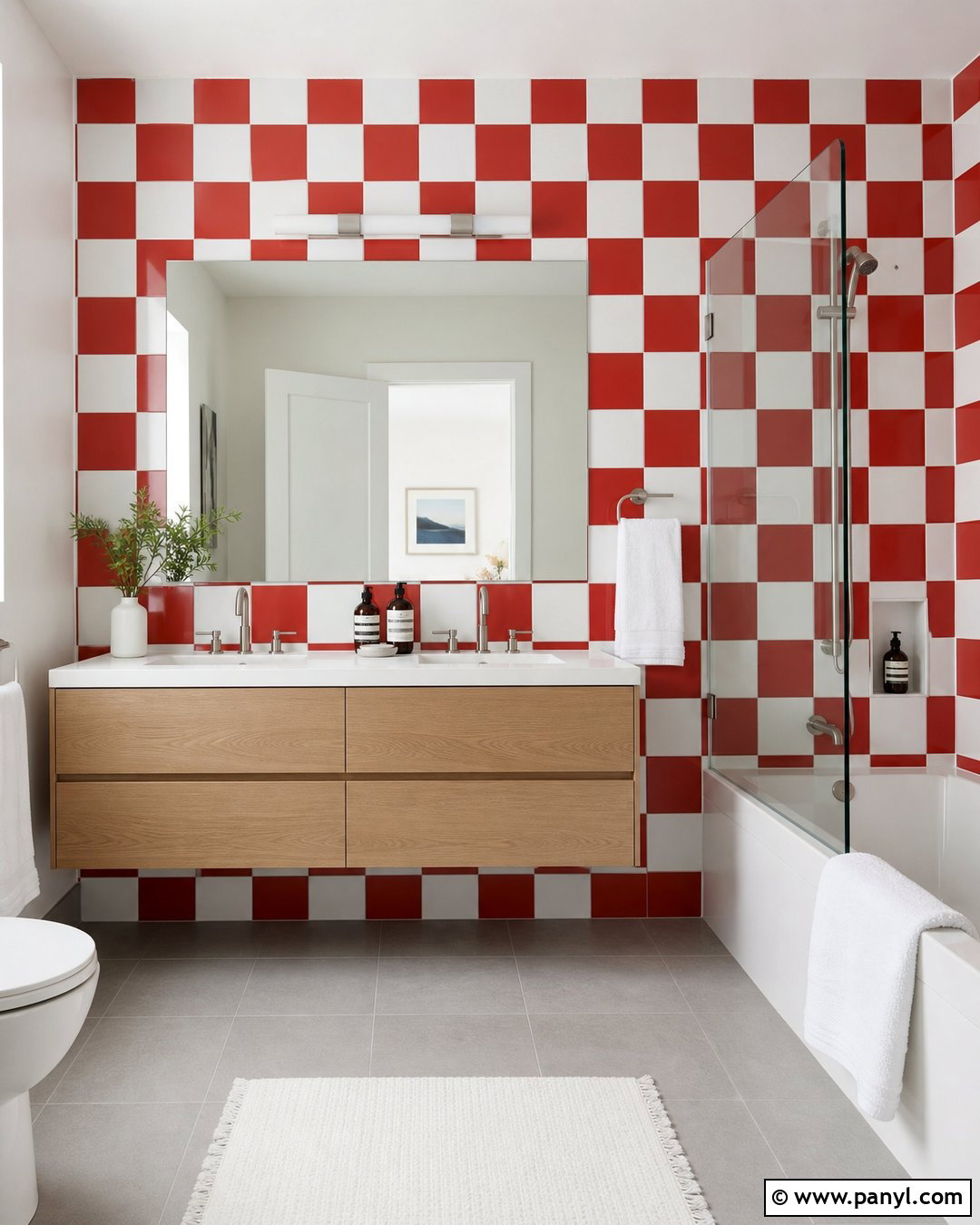 Red And White Checkered Bathroom Tile Wall - 20 Red And White Checkered Wall Ideas
