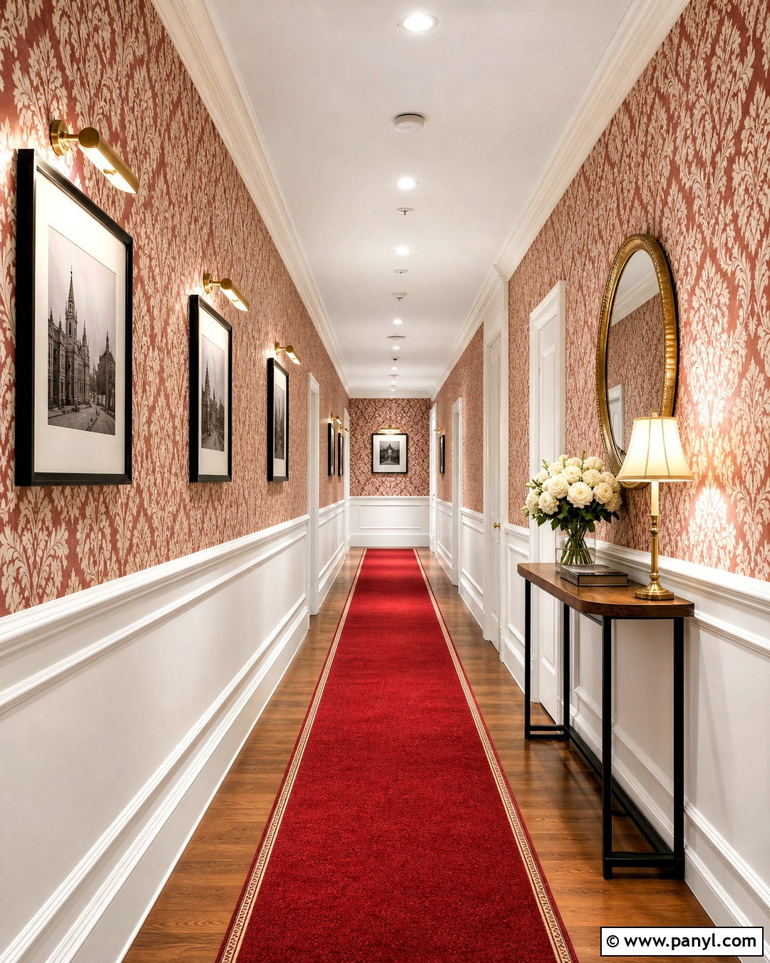 Red And White Damask Hallway - 20 red and white damask design ideas