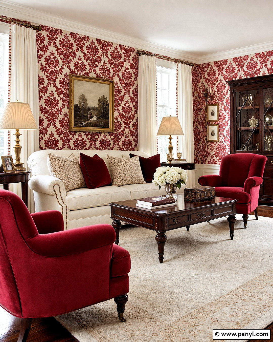 Red And White Damask Traditional Living Room - 20 red and white damask design ideas
