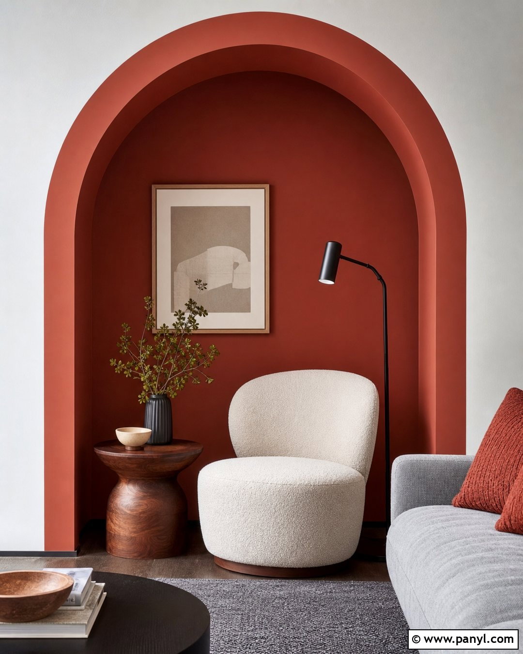 Red Arch On A Grey Living Room Wall - 20 Red And Grey Walls