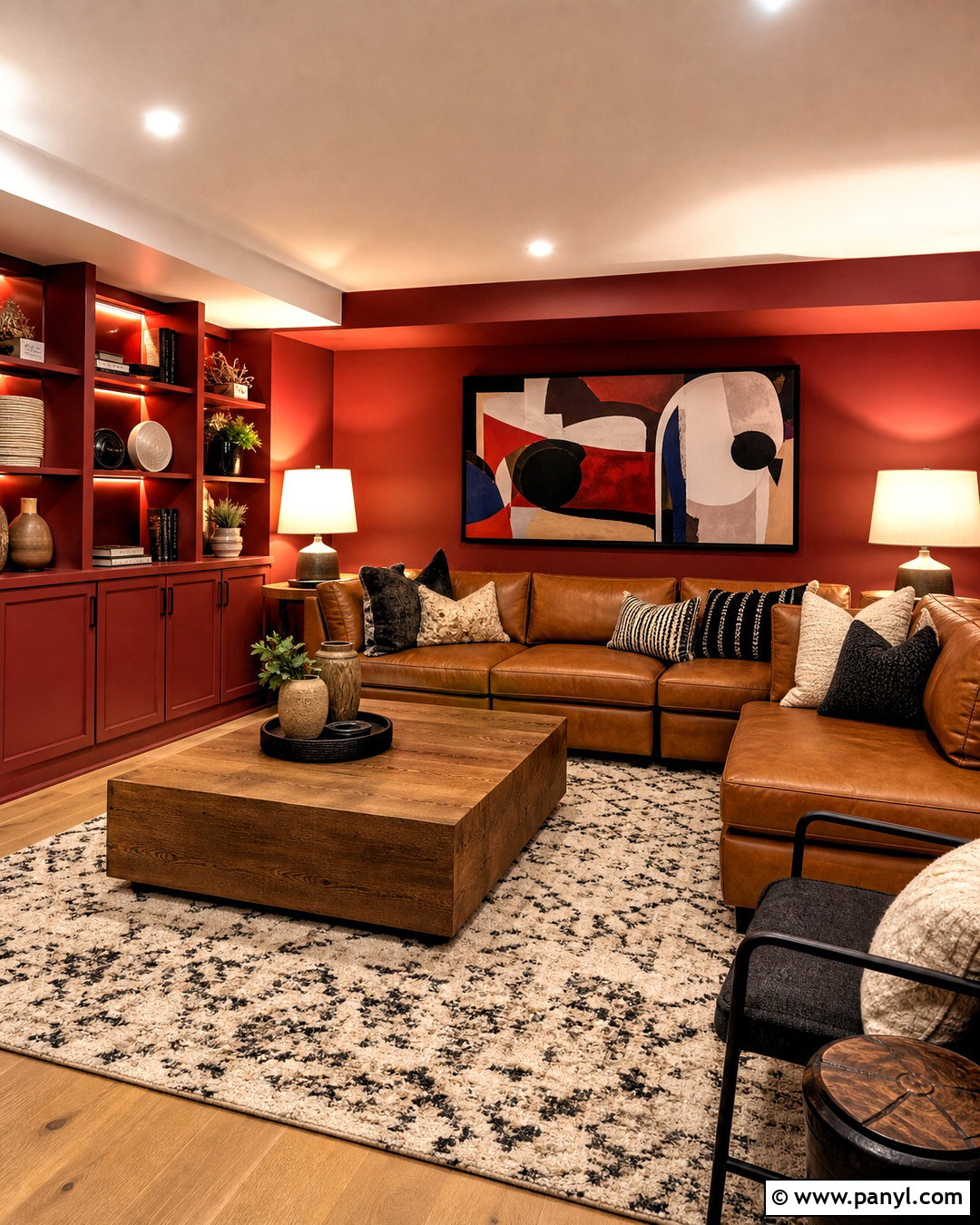 Red Basement Lounge With Leather Seating - 20 red house interior ideas
