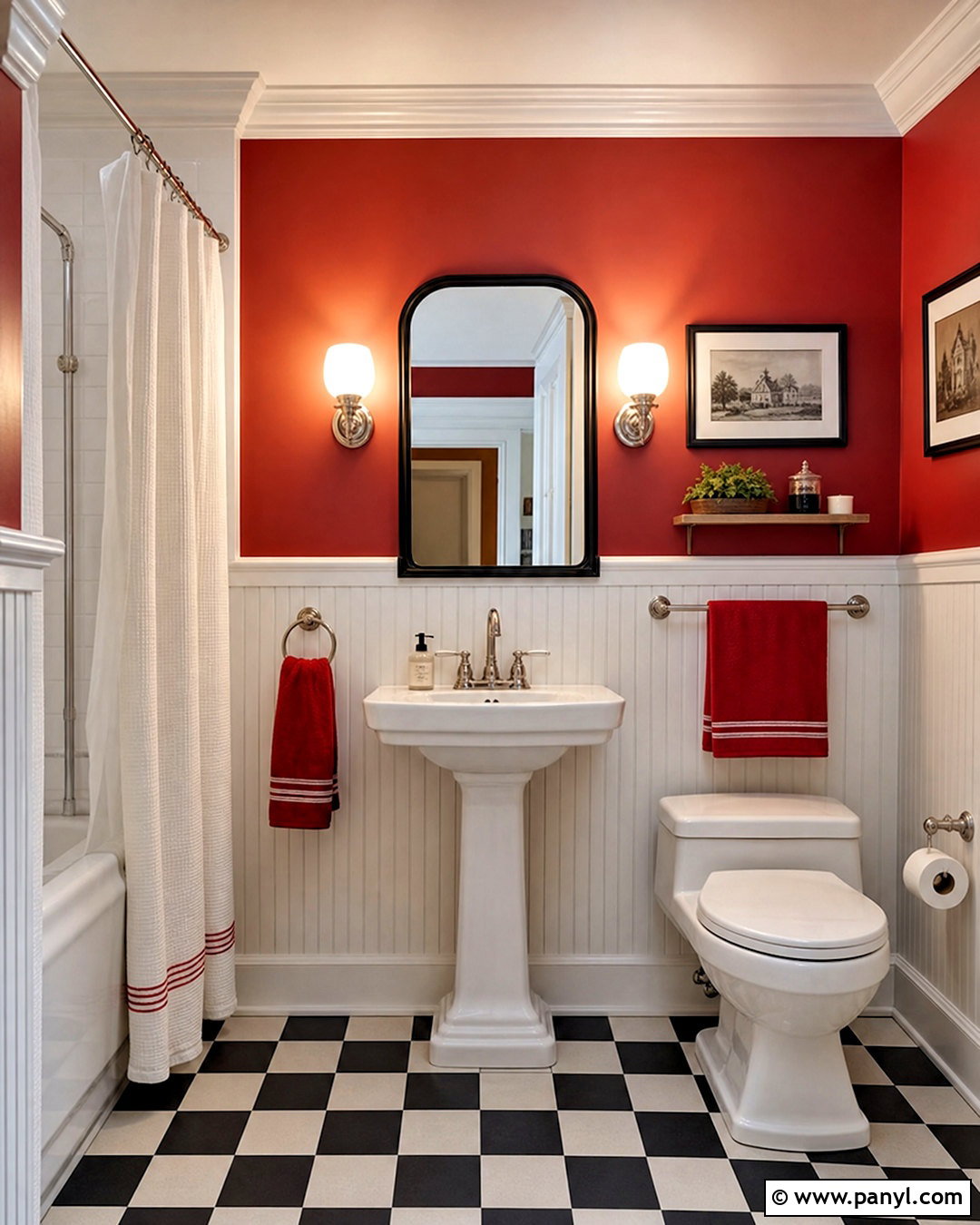 Red Bathroom With Checkerboard Flooring - 20 red house interior ideas