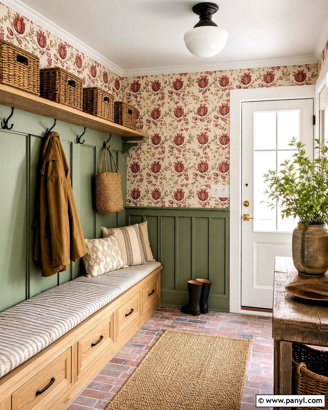Red Block Print Mudroom - 20 red patterned background decor ideas