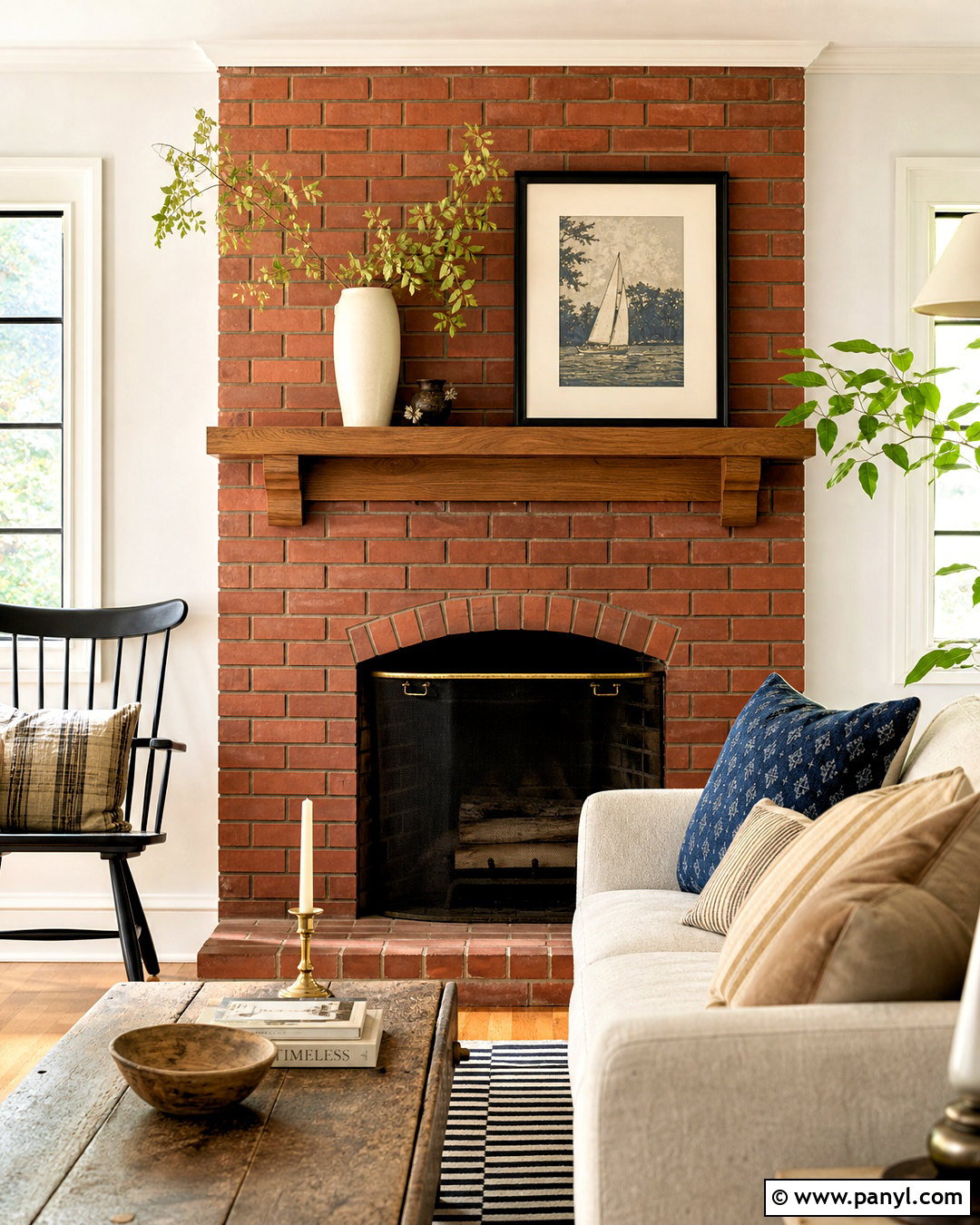 Red Brick Fireplace With Asymmetrical Artwork - 20 red brick fireplace mantle ideas