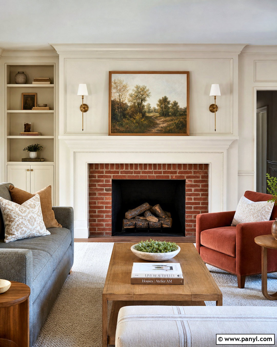 Red Brick Fireplace With Brass Sconces - 20 red brick fireplace mantle ideas