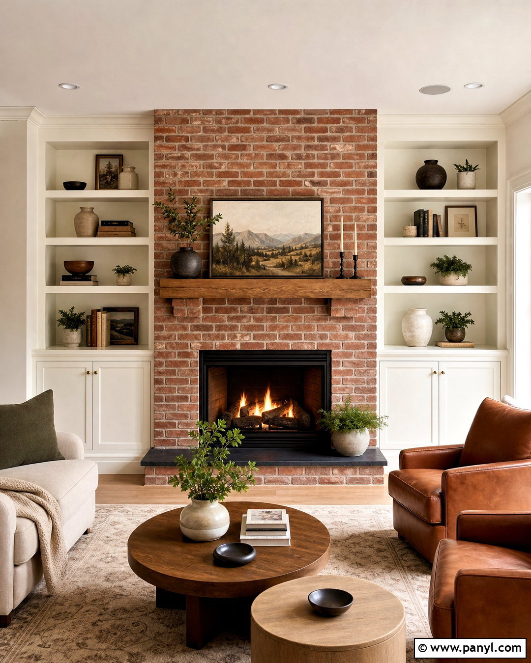 Red Brick Fireplace With Built-In Shelves - 20 red brick fireplace makeover ideas
