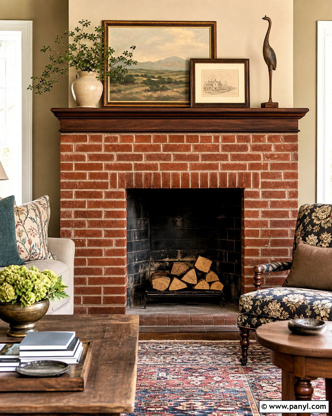 Red Brick Fireplace With Layered Art - 20 red brick fireplace mantle ideas