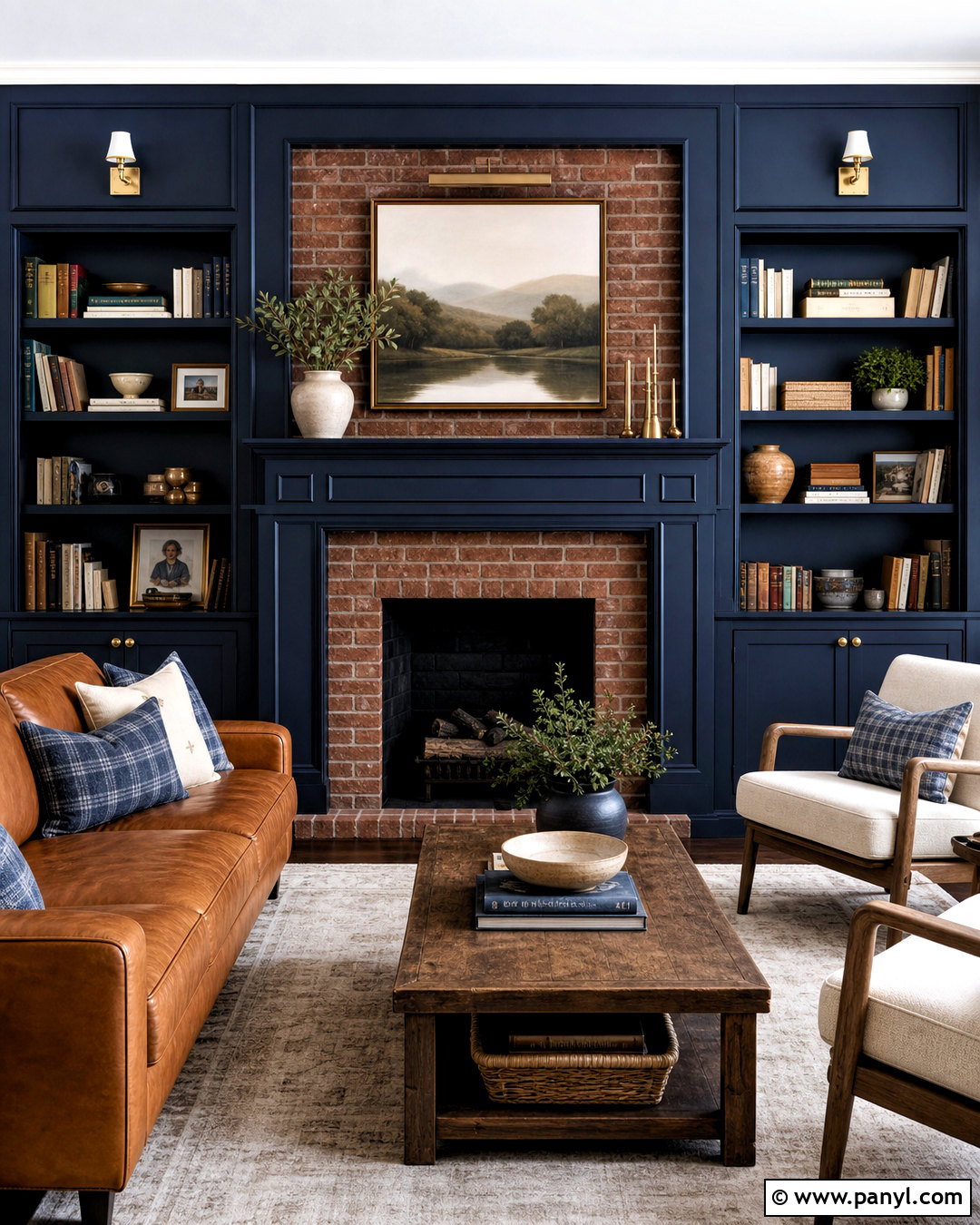 Red Brick Fireplace With Navy Built-Ins - 20 red brick fireplace mantle ideas
