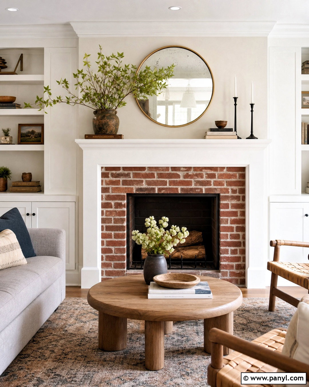Red Brick Fireplace With Round Mirror - 20 red brick fireplace mantle ideas