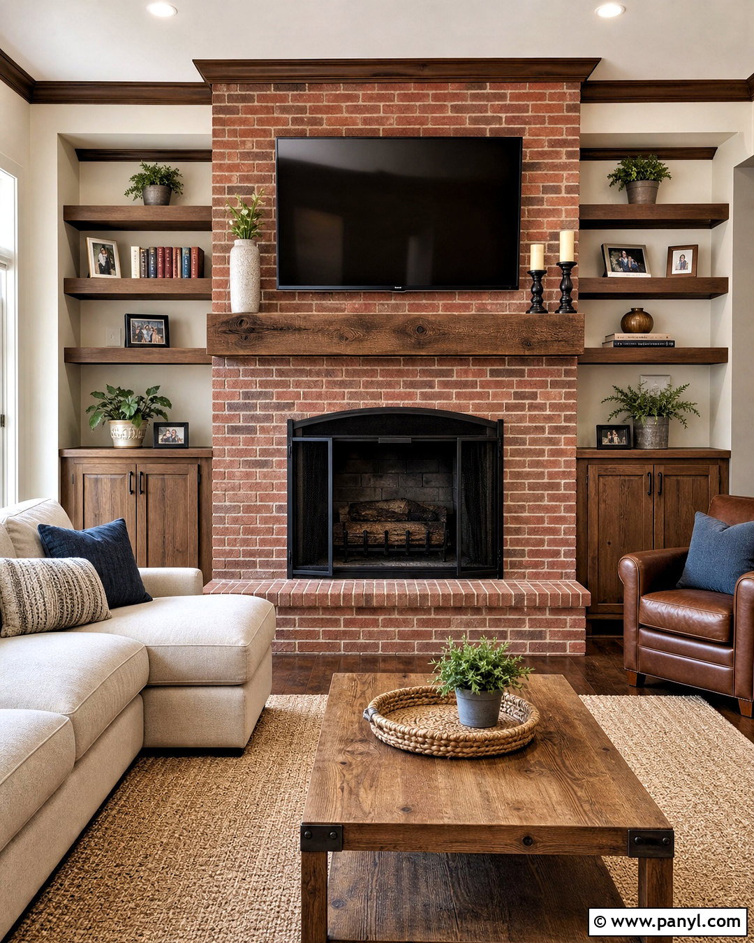 Red Brick Fireplace With Rustic Beam And TV - 20 red brick fireplace mantle ideas