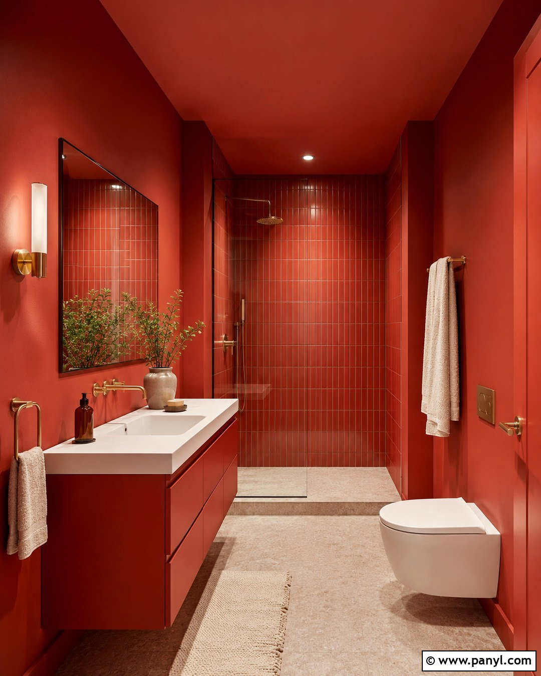 Red Color Drenched Bathroom - 20 Red Wall Bathroom Ideas
