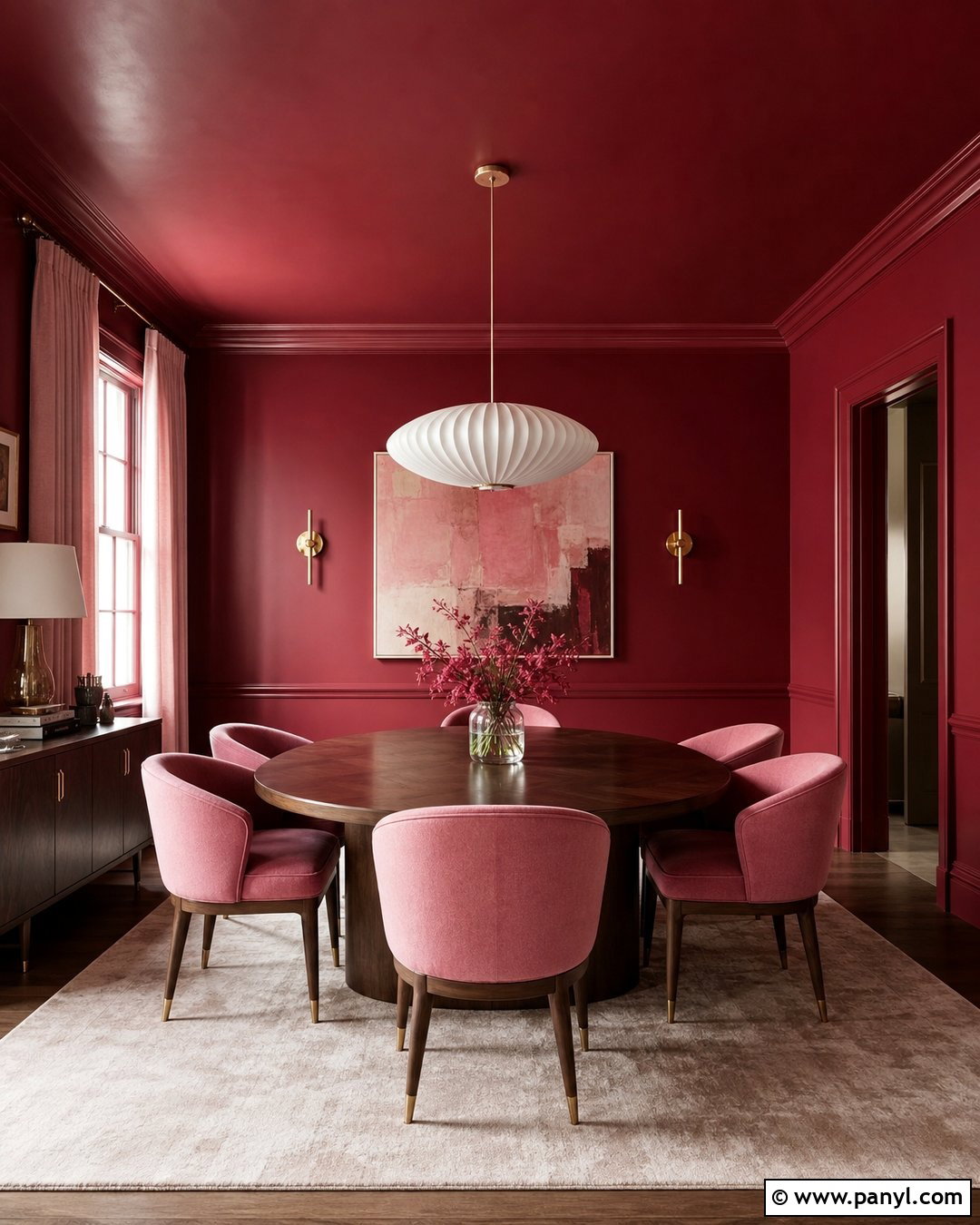 Red Color-Drenched Dining Room With Pink Accents - 25 Pink And Red Wall Ideas