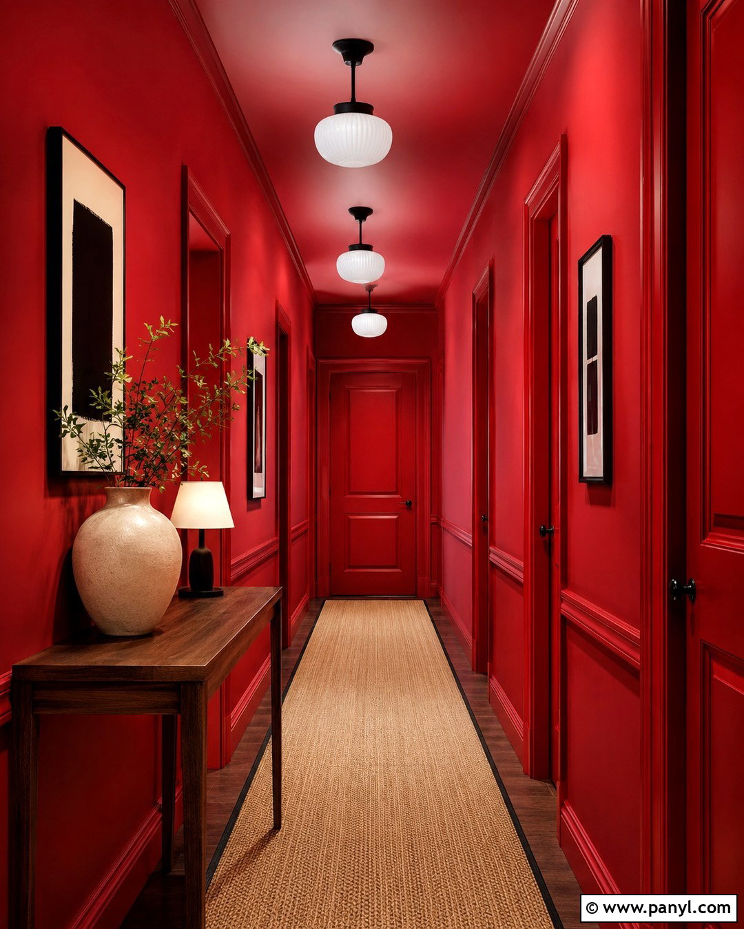 Red Color Drenched Hallway - 20 Vibrant Red Wall Color Ideas