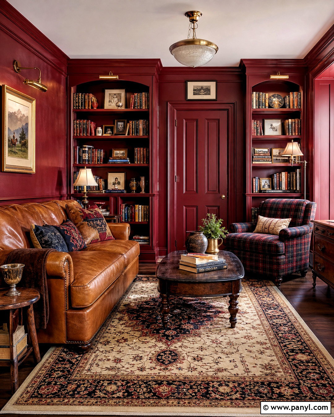 Red Color-Drenched Library - 20 red wall design ideas