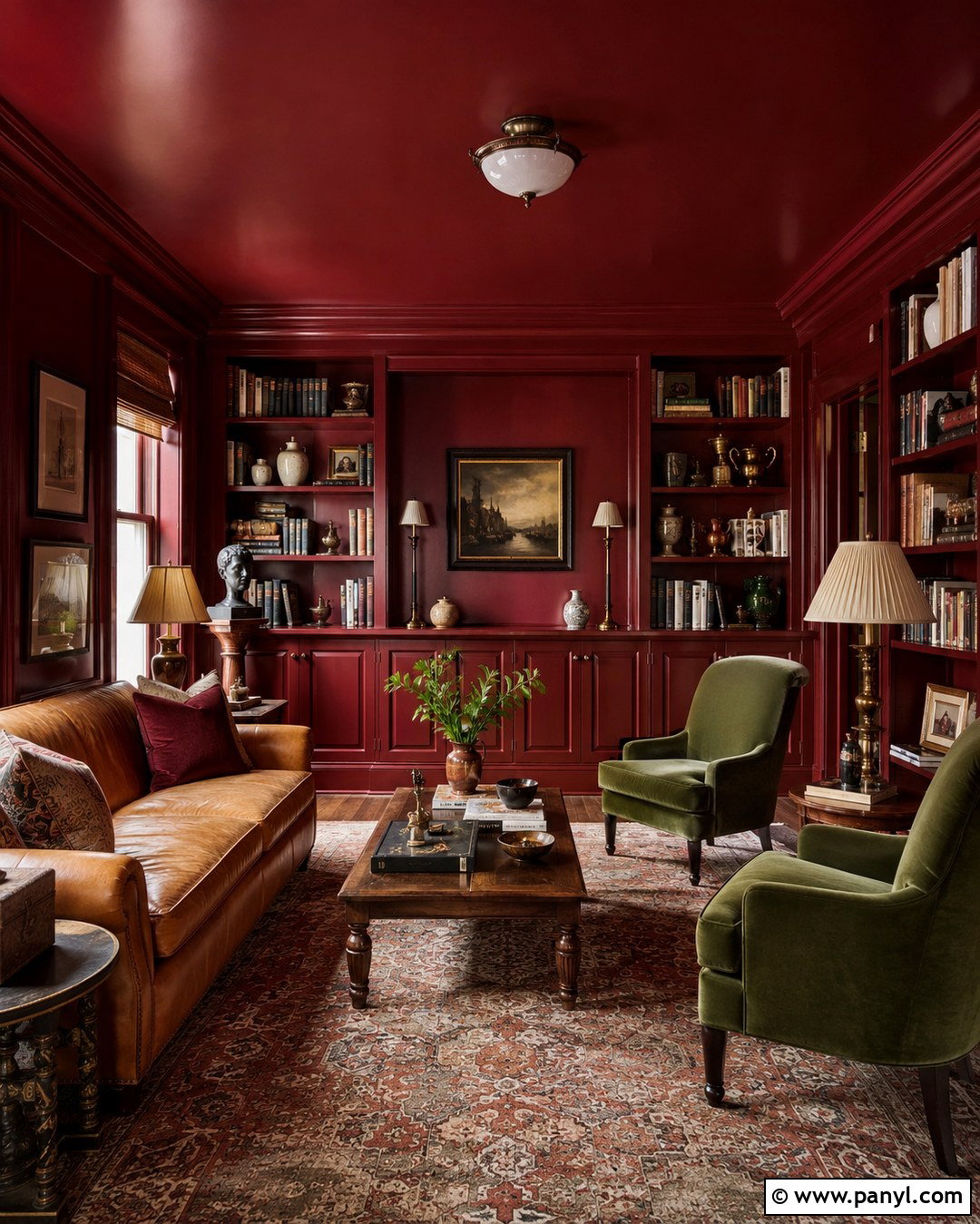 Red Color-Drenched Library - 20 Red Wall Paint Ideas