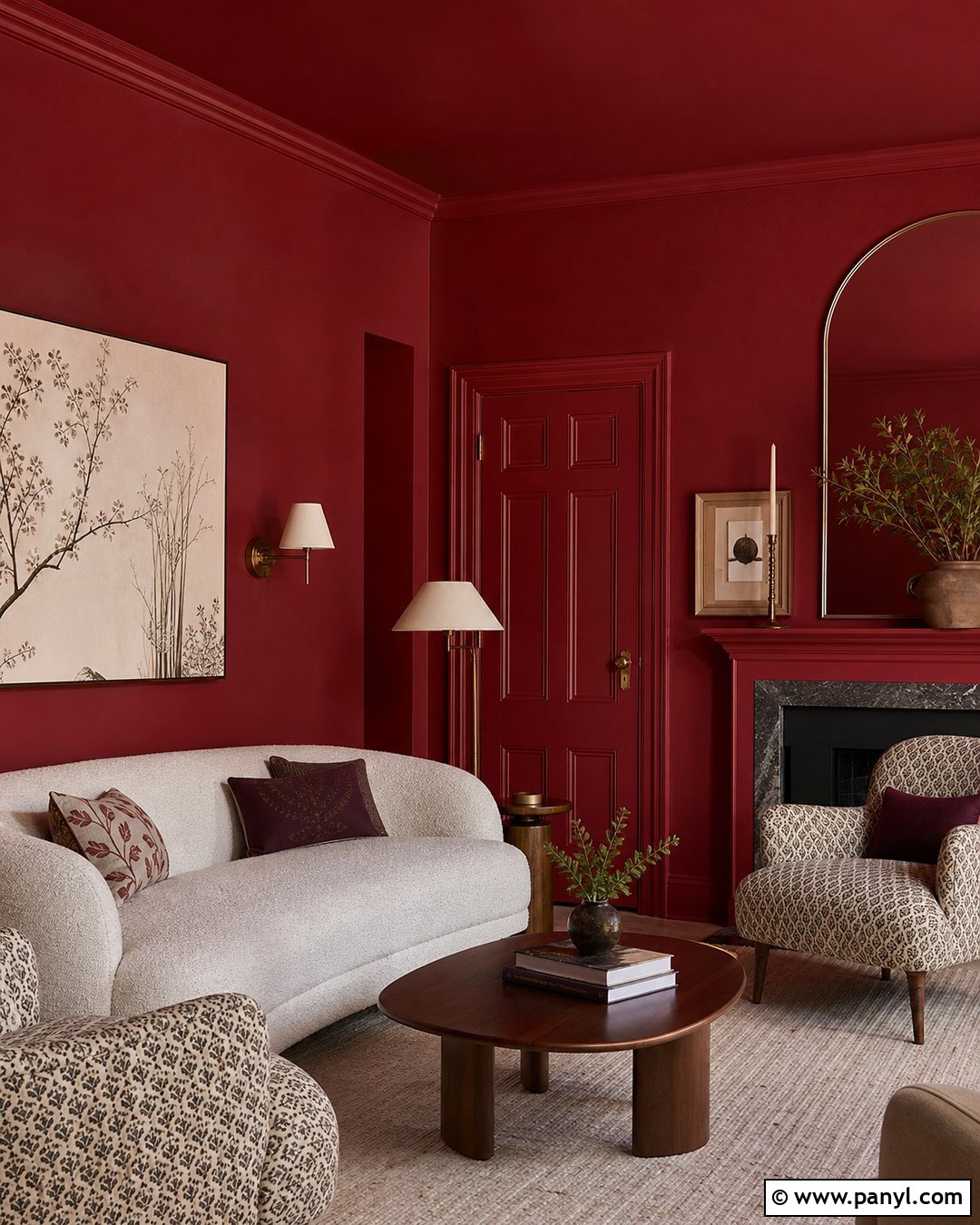 Red Color-Drenched Living Room - 20 Red Wall Transformation Ideas