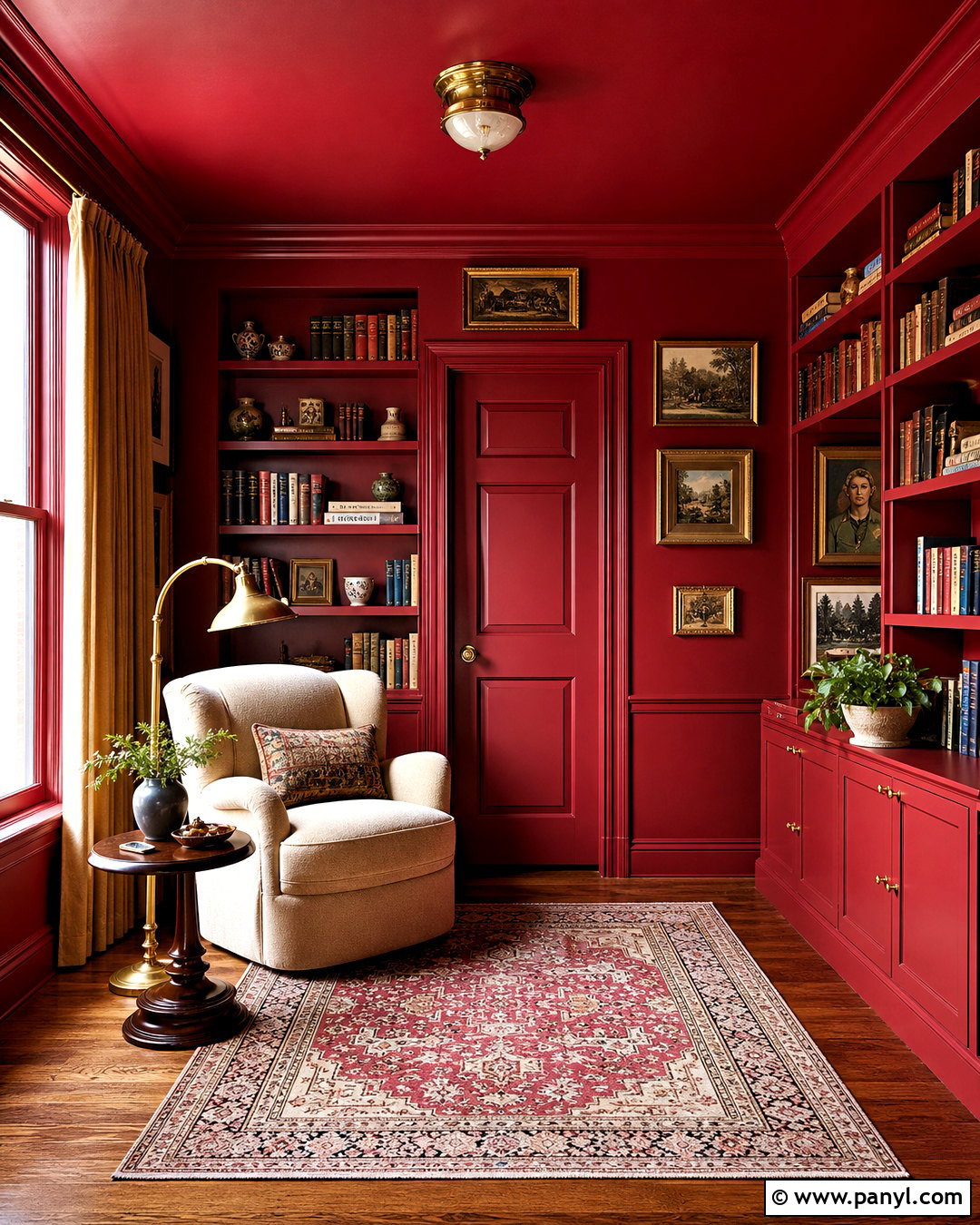 Red Color Drenched Reading Room - 20 red wall painting ideas