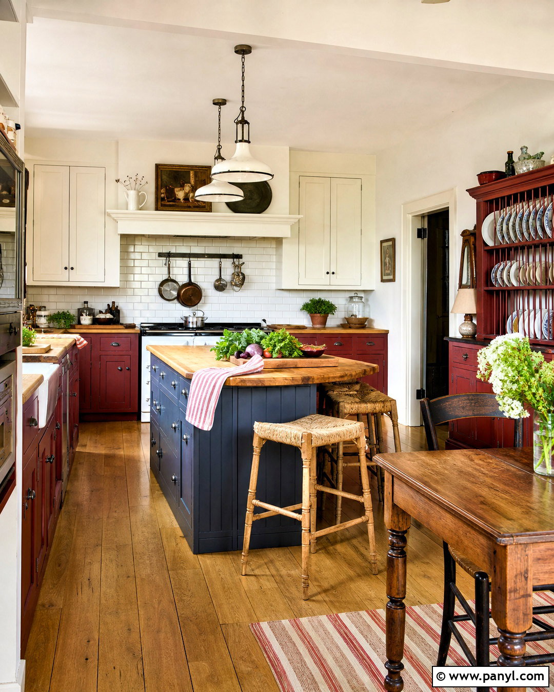 Red Country Kitchen With Blue Accents - 20 red country kitchens