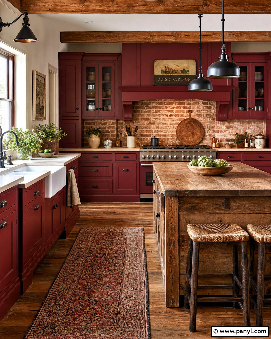 Red Country Kitchen With Brick Backsplash - 20 red country kitchens