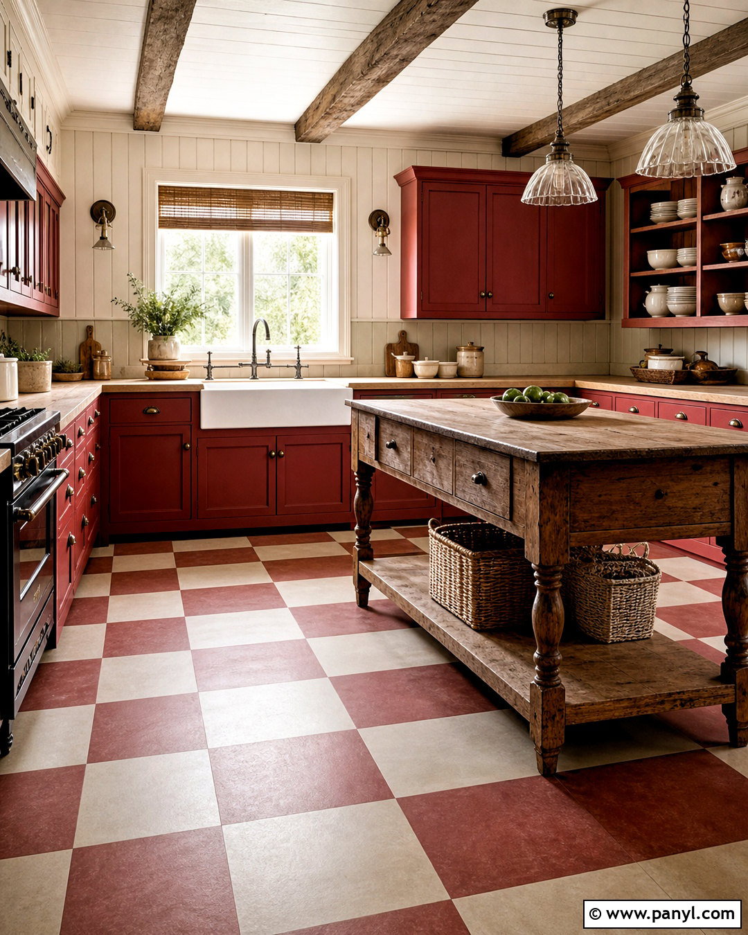 Red Country Kitchen With Checkered Floor - 20 red country kitchens