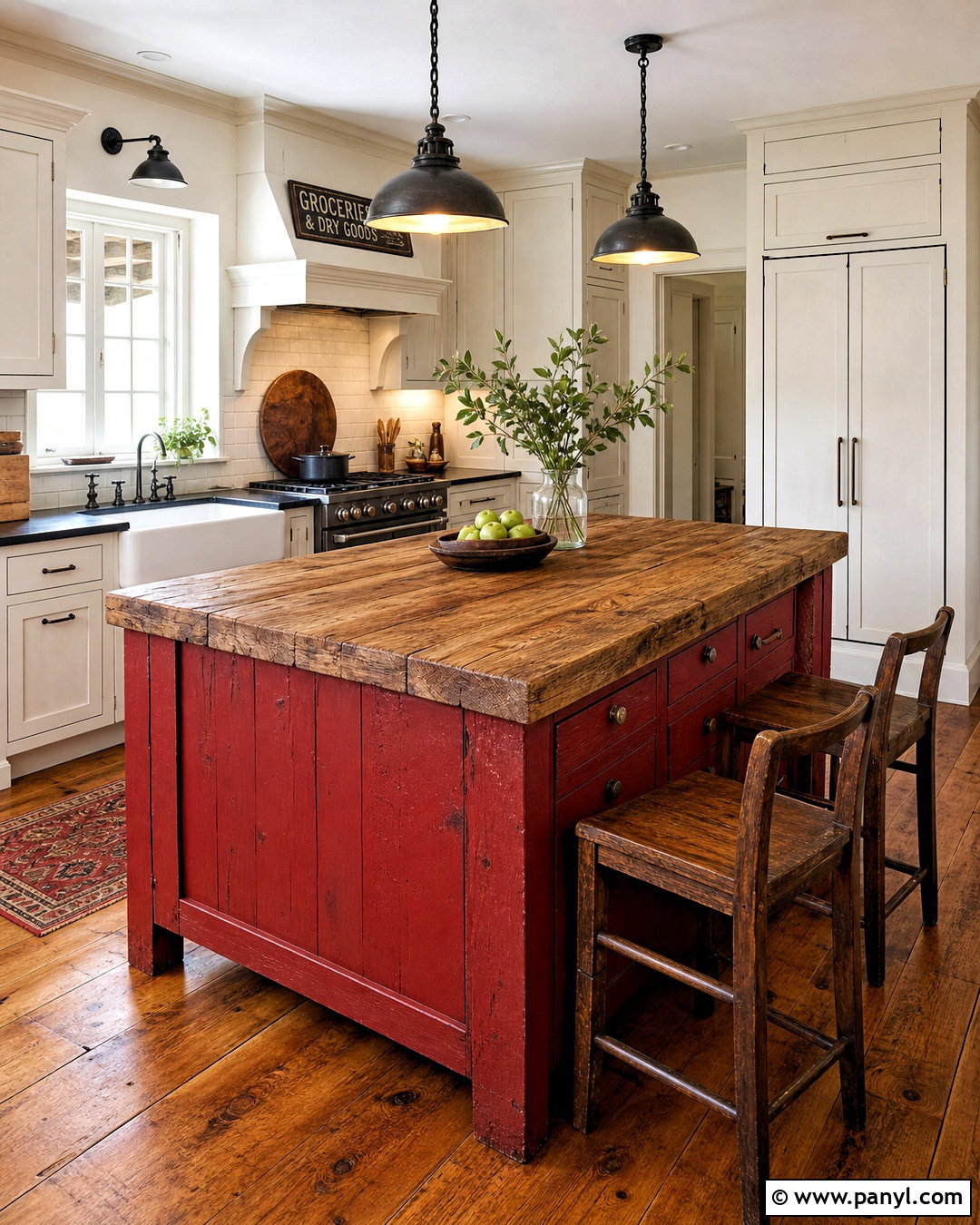 Red Country Kitchen With Rustic Island - 20 red country kitchens