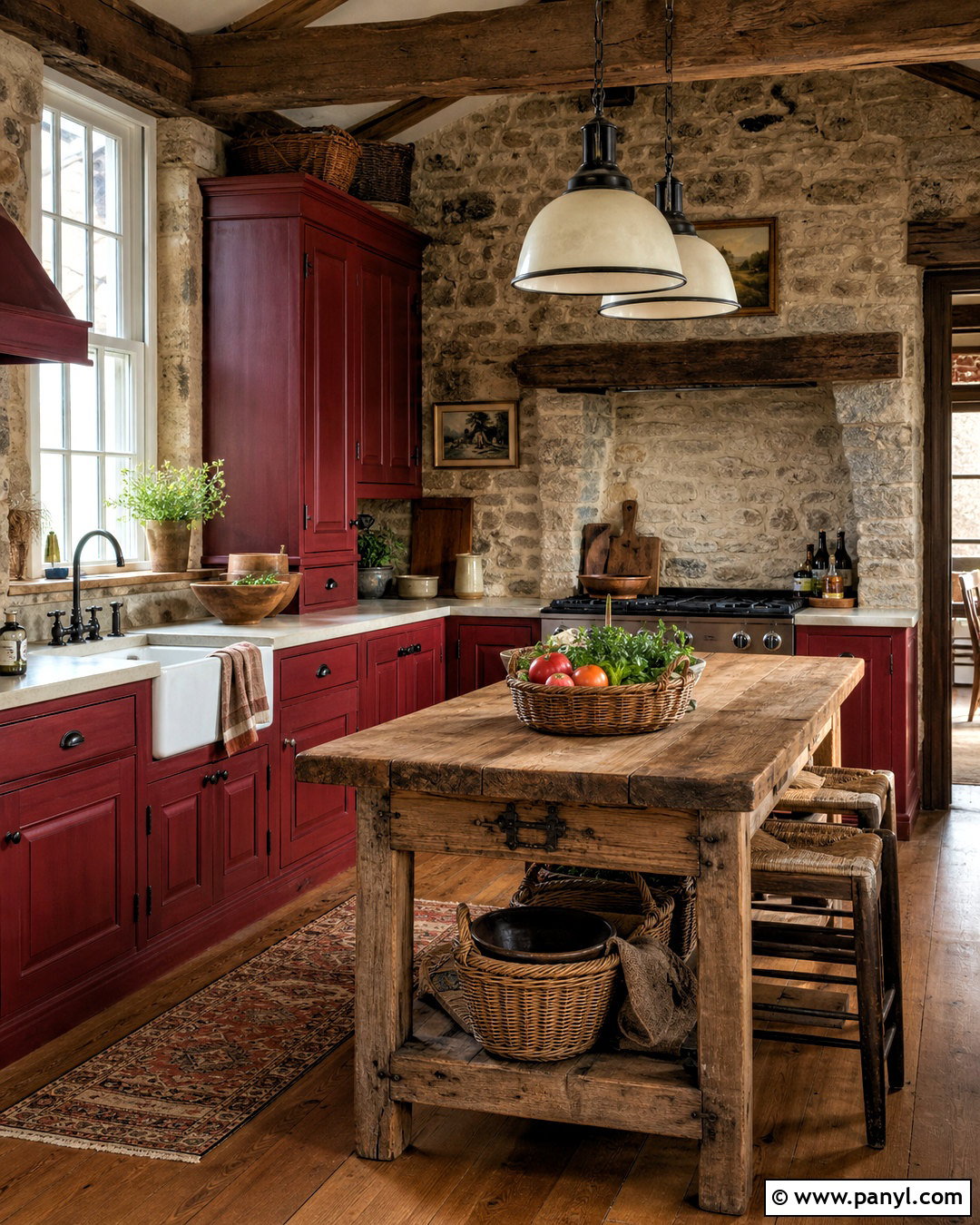 Red Country Kitchen With Stone Walls - 20 red country kitchens