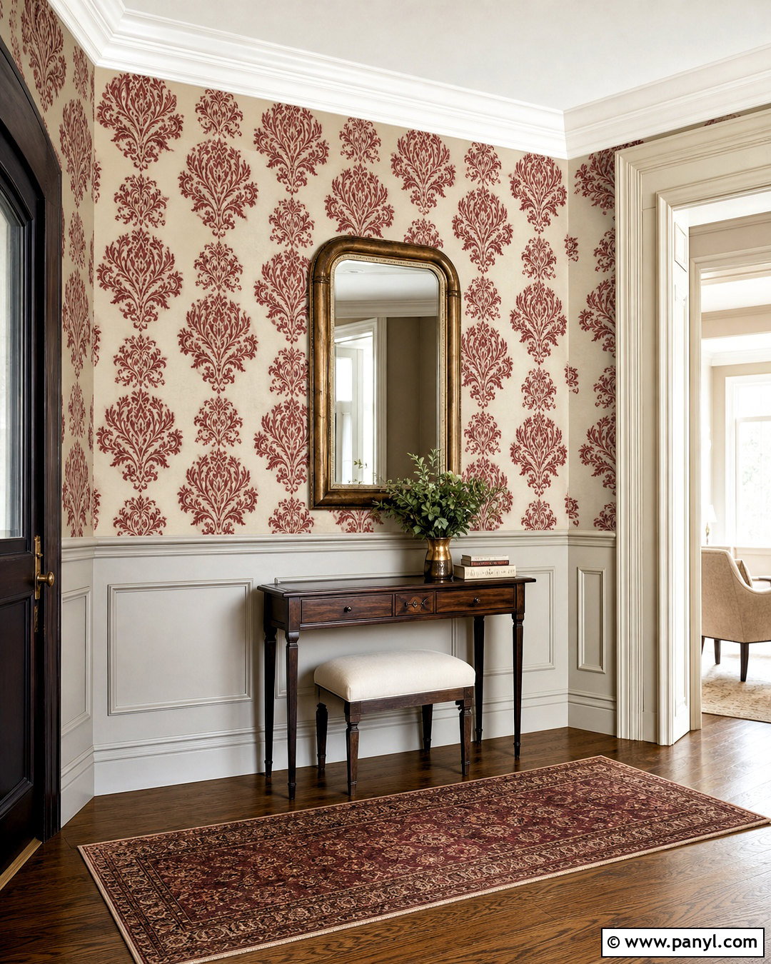 Red Damask Wall Decal Above Wainscoting - 20 red damask wall decal ideas