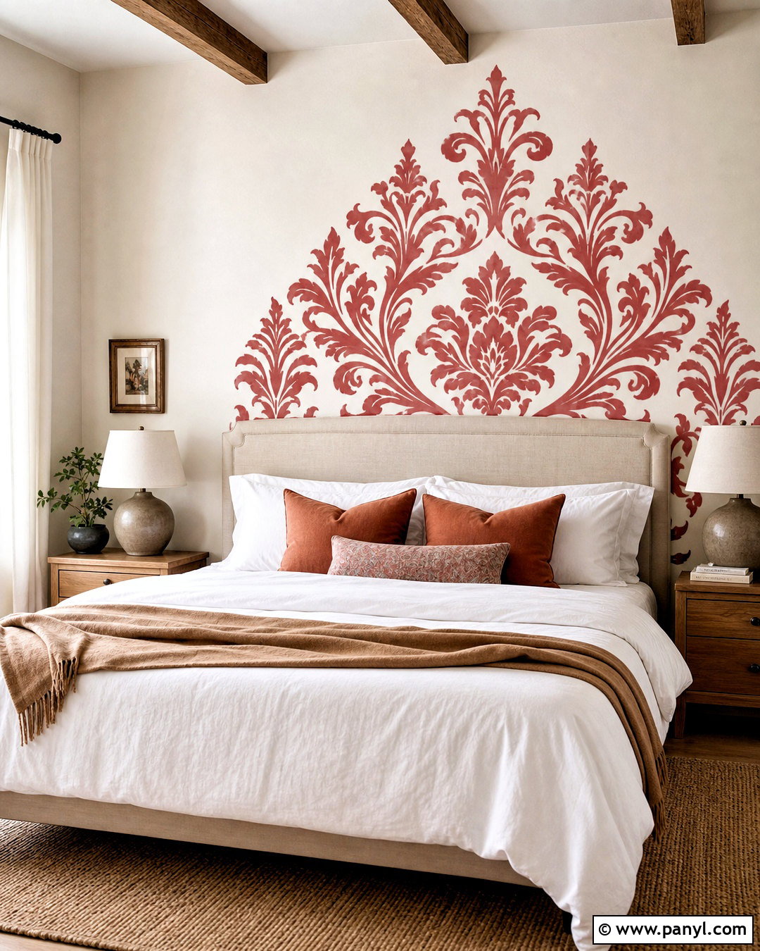 Red Damask Wall Decal Behind The Bed - 20 red damask wall decal ideas