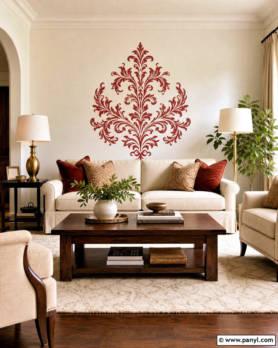 Red Damask Wall Decal With Cream Sofa - 20 red damask wall decal ideas