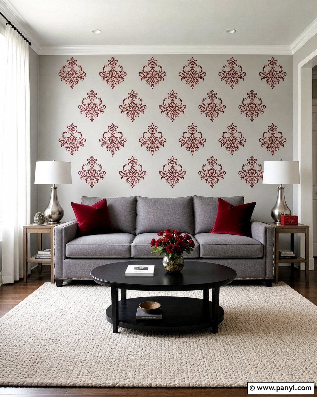 Red Damask Wall Decal With Gray Furniture - 20 red damask wall decal ideas