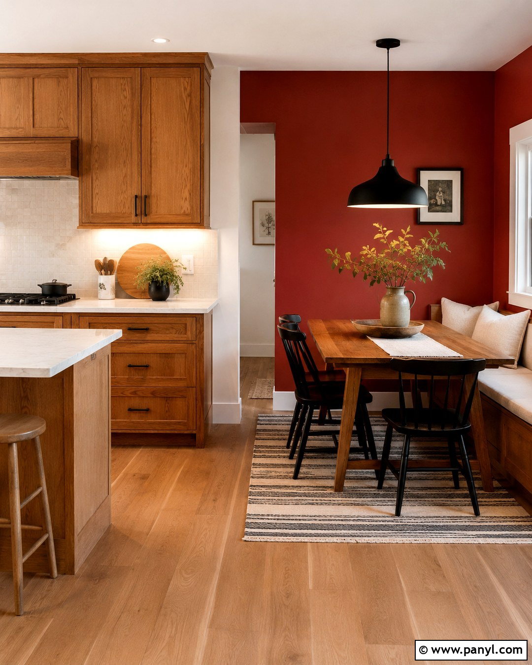 Red Dining Nook Walls With Oak Cabinets - 20 Red Kitchen Walls With Oak Cabinets